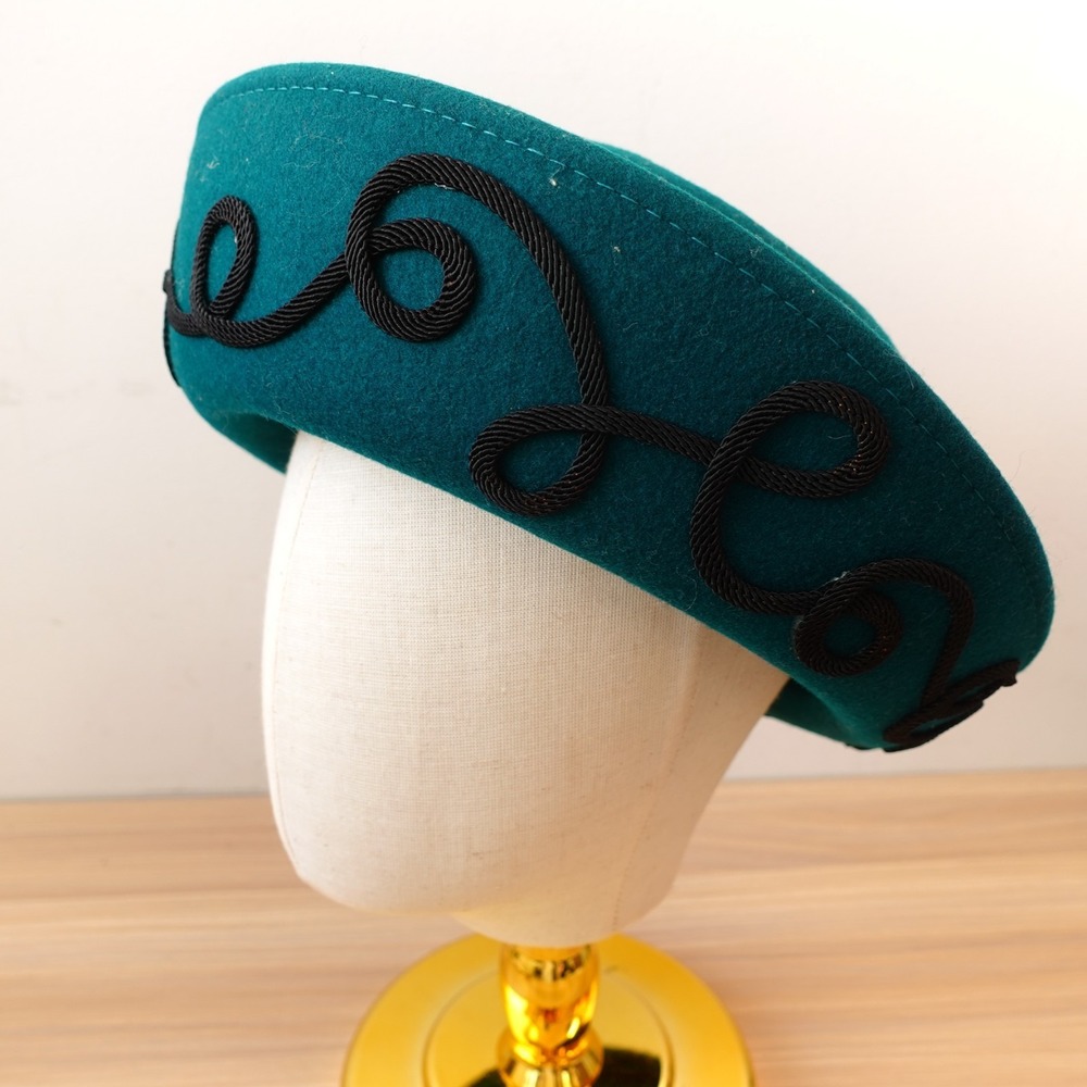 Vintage Wool Felt Hat Womens Blue Green Bowler Derby Soutache Swirl 60s USA Made